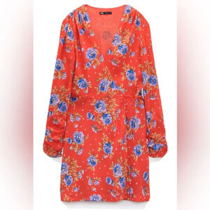 Zara Womens Red Floral V Neck  Wrap Ruched Long Sleeve Dress size S